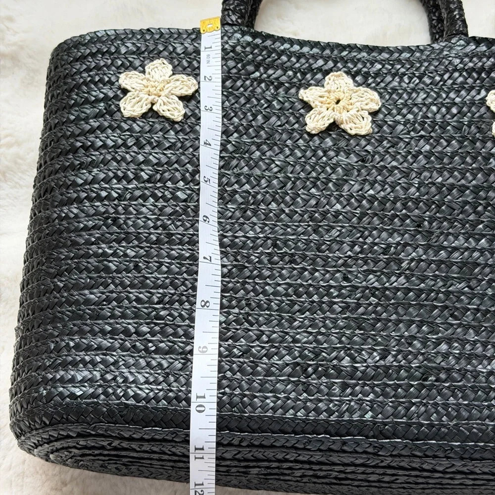 Black Woven Straw Tote Bag with Crochet Floral Accents - Picture 11 of 12